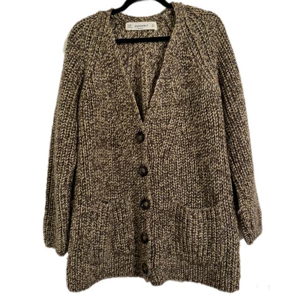 Zara Thick Heavy Knit Wool Blend Button Up Cardigan Medium Brown Kurt Cobain - Picture 1 of 5
